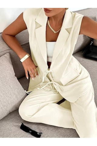 Veraura Lifestyle Kadın Kolsuz Yakalı Önü Bağcıklı Ceket Ve Pantolon Ikili Takım Bej