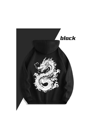 Nevermind Sevgili Çift Kombini Dragon Desenli Hoodie Kapüşonlu Sweatshirt 2 Siyah