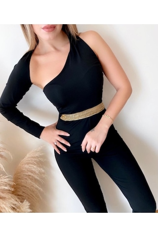 Ahes Shopping Kadın Asimetrik Dekolte Ve Taş Detay Fırsat Ürün Tulum Siyah