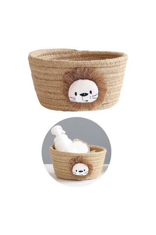 Magideal Suntek El Dokuması Pamuk İpliği Aslan Figürlü Saklama Sepeti Kahverengi - 16x9 CM