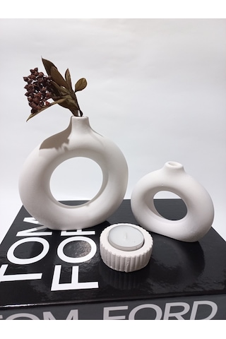 İkili Donat Vazo Mumluk Beyaz