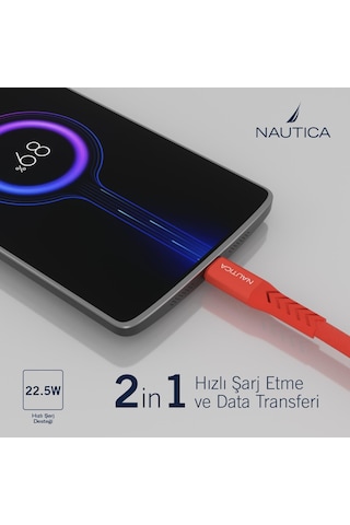 Nautica C20 Type-C to USB-A 22.5W Hızlı Şarj ve Data Kablosu 2.1M Kırmızı