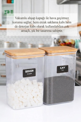 3 Lü Ahşap Vakumlu Kapaklı Un Tuz Şeker Saklama Kavanozu Kabı 3 Lt Etiketli Dekoratif Çok Renkli