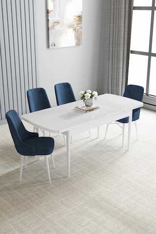 Zümra Serisi, Beyaz 80x132 Açılabilir Mdf Mutfak Masası Takımı 4 Adet Sandalye, Lacivert