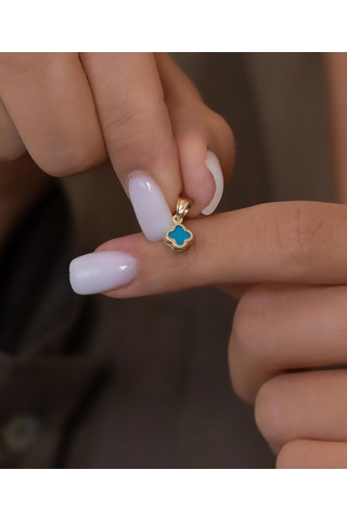 Bayar Gold 14 Ayar Altın Turkuaz Renkli Yonca Kolye Ucu Sarı Altın