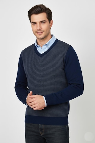 Triko Nehir Erkek V Yaka Triko Kazak Çelik Örgü Regular Kalıp Bgl-st04838 Indigo