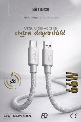 Simex 66w Usb To Type-c Süper Hızlı Şarj Kablosu - Samsung, Huawei, Honor, Vivo, Uyumlu Gri, 1 Metre