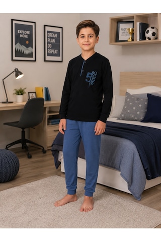 Formo Erkek Çocuk %100 Doğal Pamuk Manşet Paça Uzun Kollu Pijama Takımı Lacıvert