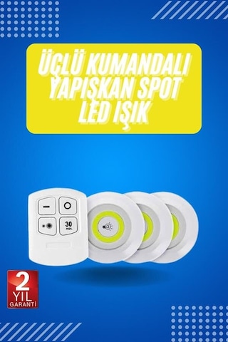 Yapışkanlı 3'lü Spot Led Işık Lamba Montajsız Pilli Uzaktan Kumandalı Renkli 93459308