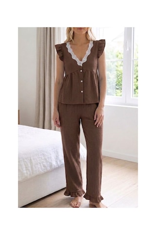 Fit Women Dantel Detaylı Fırfır Kollu V Yaka Pijama Takımı 6023 Kahverengi