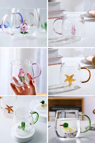 2'li Figürlü Cam Bardak 3d Sevimli Karikatürler Bardağı Kawaii Renkli Kulplu Sunum Fincanı 350 Ml.