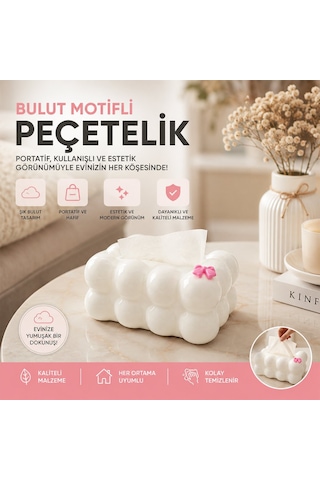 Barotti Dmr-9915 Yaylı Dekoratif Bulut Peçetelik - 19x12.5x8.5 Cm, Beyaz
