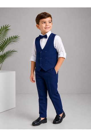 Classics Men Erkek Çocuk Smokin Takım Elbise Yelekli Papyonlu Lacivert