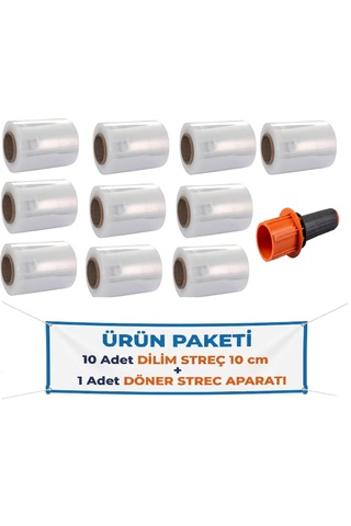 El Paketleme Ambalaj Streci & Oto Direksiyon Dilim Streç 10cm 10 Adet + Palet Streç Filim & Dilim Streç Döner Kollu Sarma Aparatı 1 Adet Kırmızı
