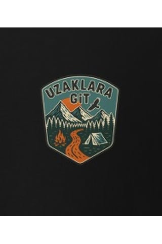 Wildstyle Uzaklara Git Renkli Vintage Dağ Doğa Macera Rozet Baskılı Unisex Bisiklet Yaka Pamuklu Tişört Siyah