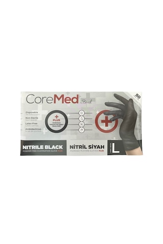 Coremed Nitril Pudrasız Muayene Eldiveni Siyah 50'li