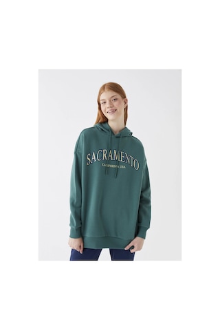 LC Waikiki Baskılı Uzun Kollu Oversize Kadın Hoodie Yeşil