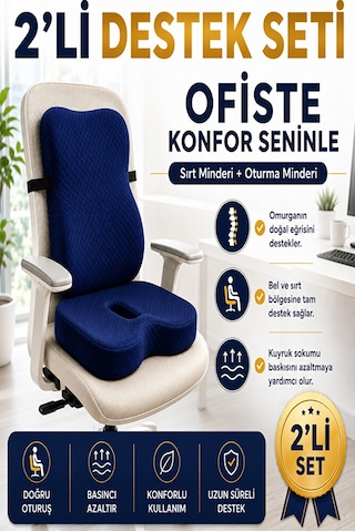 Ortopedik Sırt Ve Oturma Minderi Seti Bel, Sırt Ve Kuyruk Sokumu İçin Ergonomik Visco Destek Lacivert
