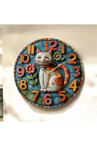 Kedi Çiçek Renkli Baskı Desenli Sayılı Hediyelik Ahşap Sessiz Tablo Duvar Saati 130 Renkli