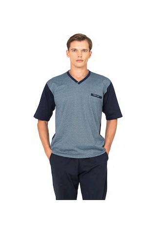 Pierre Cardin 6134 Erkek Kısa Kollu V Yaka 3'lü Jakarlı Pijama Takımı-mavi