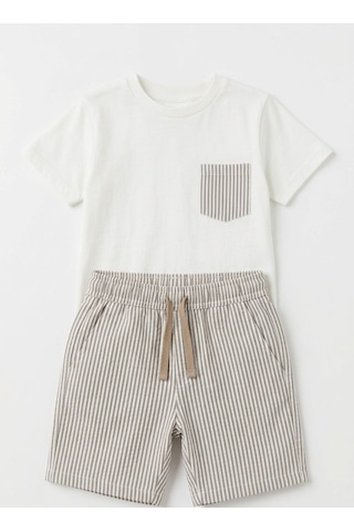 Baby Lory Kids Store Çizgili Şort Takım Açık Kahverengi - Beyaz