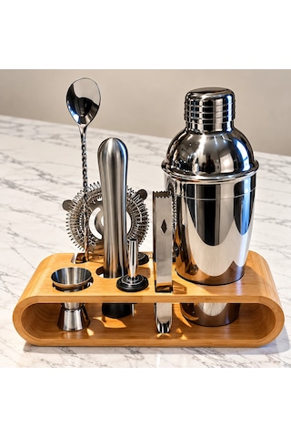 10 Parça Bambu Standlı Kokteyl Shaker Seti 750 Ml