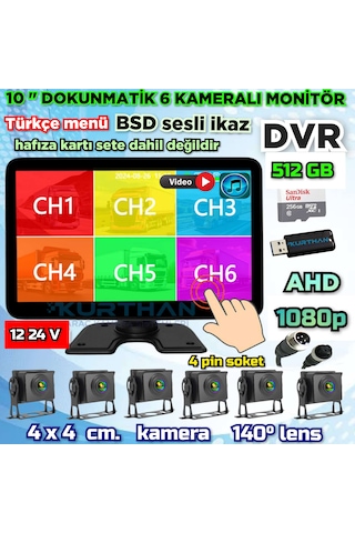 6 Ch 10 İnç Dokunmatik 1080p 6 Kameralı 4k Ultra Hd 512 Gb Dvr-usb-bsd Monitör Seti 12 - 24 Volt