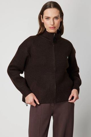 On Fashion Kadın Beli Lastikli Dik Yaka Fermuarlı Kahverengi Hırka 60937 Kahve