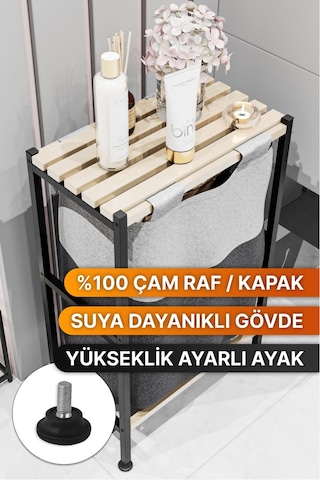 Bino Ahşap Raflı Keten Kumaşlı Banyo Düzenleyici Çamaşır Sepeti Siyah
