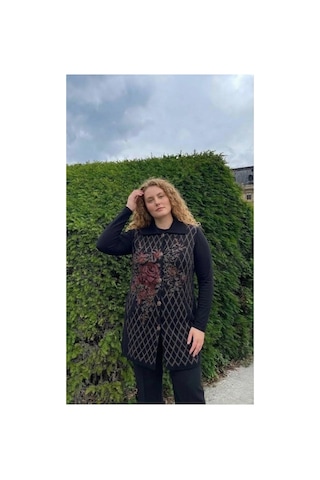 Onno Style Women Büyük Beden Ekose Gül Pike Desenli Çelik Örgü Kadın Triko Yelek Kaban Siyah