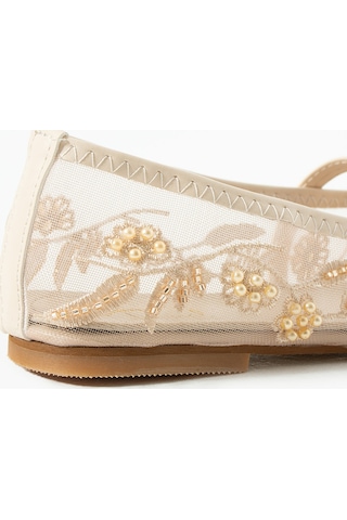Duxal Shoes Rose Kadın İnci İşlemeli Tül Babet Çiçek Nakışlı Mary Jane Ayakkabı Bej