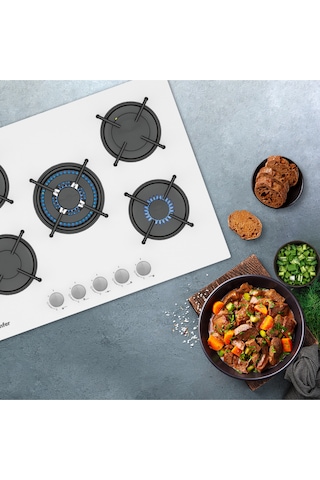 Simfer 3751-N 70CM Ankastre Beyaz Cam Ocak 4G+1Wok Emaye Izgara