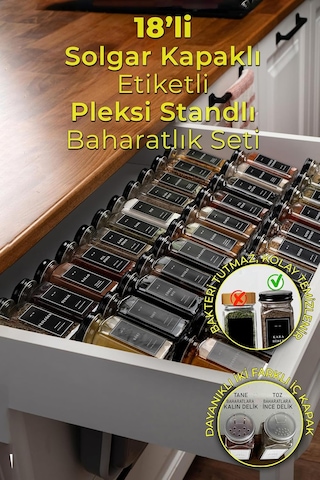 Şeffaf Pleksi Standlı 18'li Cam Baharatlık Seti, Siyah Kapak Ve Etiketli Baharatlık Takımı Mh02syh18 Diğer