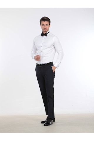 Kip Beyaz Düz Slim Fit Duble Manşet Ata Yaka Smokin Gömlek Beyaz