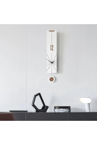 Cajuart Modern Uzun Ahşap Beyaz Çarpraz Çizgili Sarkaçlı Duvar Saati