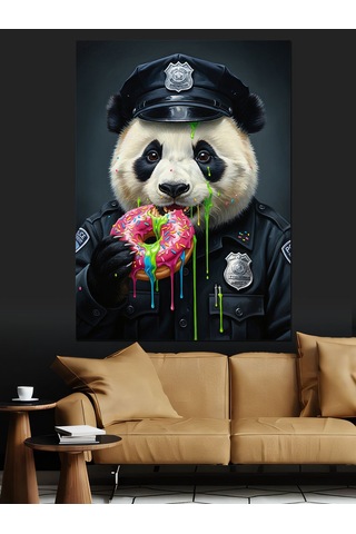 Polis Panda Ve Donut Keyfi Dekoratif Kanvas - Mdf Ahşap Tablo