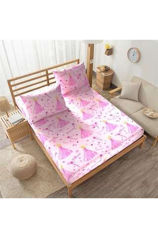 120x200 Prensesli Pamuklu Çocuk Odası Lastikli Çarşaf Takımı Pembe