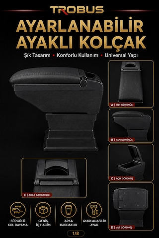 Trobus Isuzu D-max 2002-2026 Uyumlu Ayarlanabilir Ayaklı Kolçak Kol Dayama Bardaklıklı Siyah