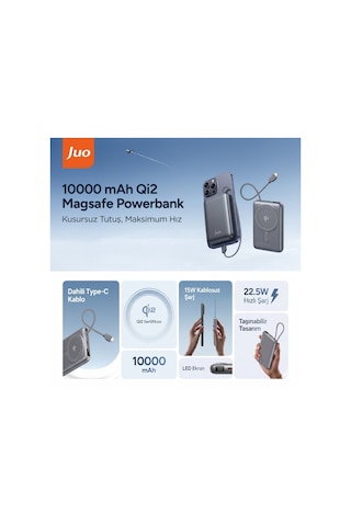 Juo 10000 Mah Qi2 Magsafe Powerbank Standlı Pd 22.5w Taşınabilir Kablosuz Hızlı Şarj Cihazı Gri