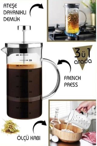 Çok Amaçlı Isıyı Koruyan Süzgeçli Bitki Çayı Filtre Kahve Demlik Ölçü Kabı Cam French Press 600 Ml Çok Renkli