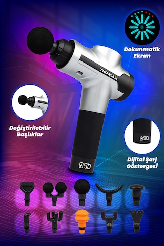 Thomax Masaj Tabancası 10 Başlıklı Profesyonel Masaj Aleti Gümüş