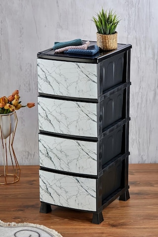 4 Katlı Çekmeceli Baskılı Mermer Desenli Kapaklı Plastik Komidin - Sebzelik - Çekmece Siyah