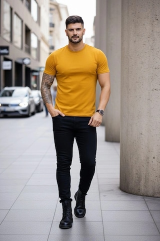 Novalisse Erkek Body Tişört Bisiklet Yaka Slim Fit Likralı T-shirt - Limon Çoklu Renk