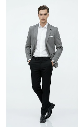 Erkek Siyah Slim Fit Blazer Ceket Tek Düğme Çift Yırtmaç Kollu Yamalı Siyah