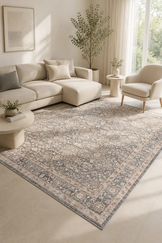 Sahra Collection Modern Vintage Desenli Eskitme Dokuma Yumuşak Salon Halısı Lacivert - Bej