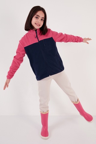 Lela Yumuşak Dokulu Fermuarlı Renk Bloklu Dik Yaka Cepli 2'Li Paket Hırka Çocuk Polar 5905001S2 Fuşya Lacivert-Şeker Pembe Gri