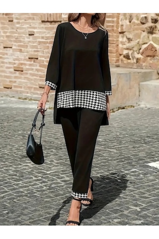 Tua Moda Kadın Uzun Kollu Yuvarlak Yakalı Kaz Ayağı Detaylı Viskon Iki Iplik Bluz Ve Pantolon Ikili Takım Siyah