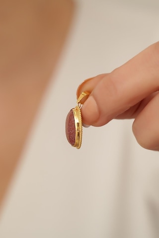 14 Ayar Altın Simli Akik Taşlı Oval Kolye Ucu Sarı Altın