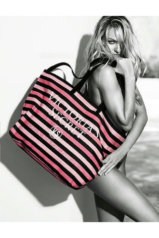 Victoria's Secret Vs Simli Siyah Pembe Çizgili Askılı Duffle Carryall Tote Siyah