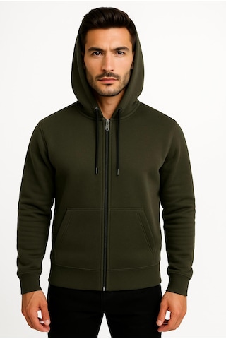 Axxel Erkek Haki Fermuarlı Kapüşonlu Sweatshirt-w590 Haki 3 İplik Şardonlu